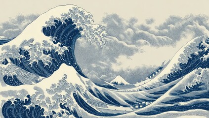 Powerful, crashing waves in shades of blue and white, depicting a stormy sea landscape with hints of land