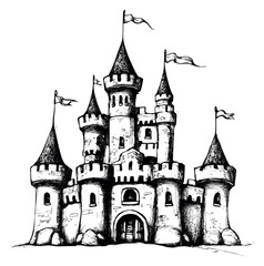 Obraz premium Vintage castle illustration with towers and flags hand drawn sketch