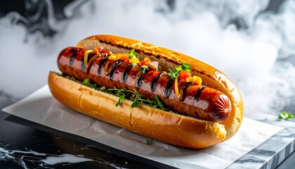 Premium Gourmet Hot Dog Featuring Artisanal Grilled Sausage on Dark Background