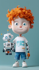 3d Cartoon Character of a child holding a robot toy