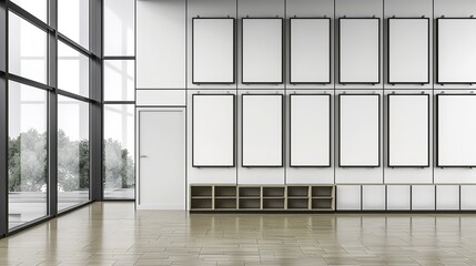 Modern interior space with blank framed panels and large windows