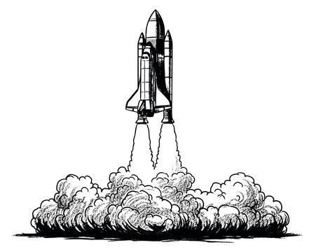 Vintage space shuttle launch icon with smoke and flames hand drawn sketch