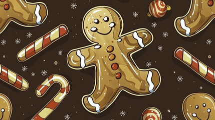 Gingerbread man and candy canes on a festive holiday background with snowflakes