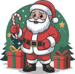 Cute Santa Claus with Christmas Trees and Gift Boxes Vector