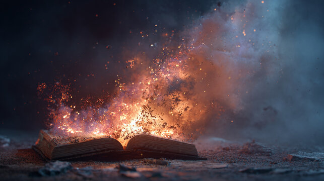 The open book is engulfed in flames, symbolizing knowledge or destruction