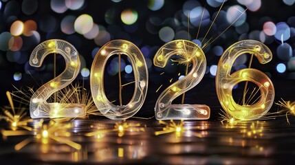 Golden illuminated numbers 2026 with sparklers and bokeh lights on a reflective surface