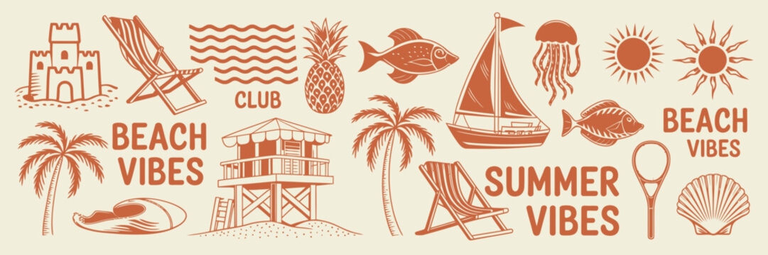 Summer Tropical Beach Print with Hand Drawn Ocean Silhouettes, Exotic Travel Paradise Vacation Logo, Vintage Surf Stamp Retro Illustration