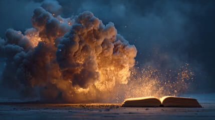 An open book radiates brilliant light amid a fiery explosion