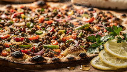 Turkish lahmacun with vibrant toppings