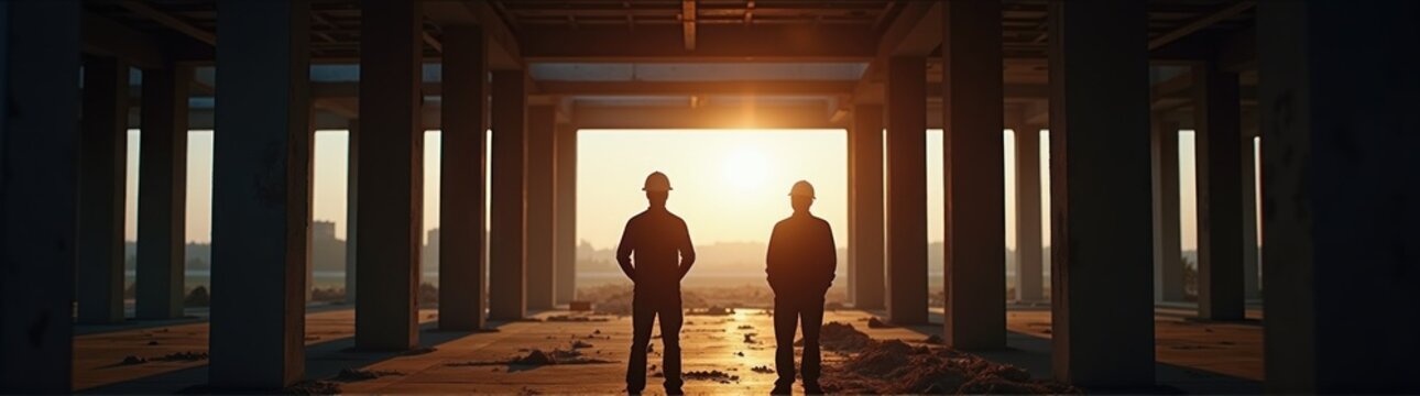Two men standing in a building with the sun setting structural engineer and foreman worker