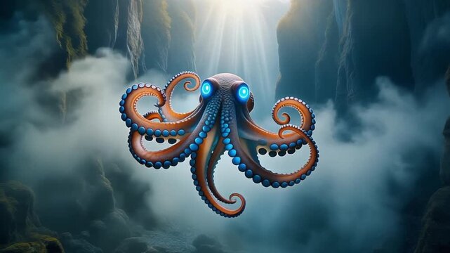 A mystical glowing blue-eyed octopus floats in an ethereal misty underwater cave with light rays.