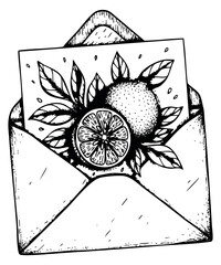 Hand drawn fruit illustration with orange and leaves in envelope