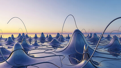 Surreal blue landscape with wavy metallic forms at sunset