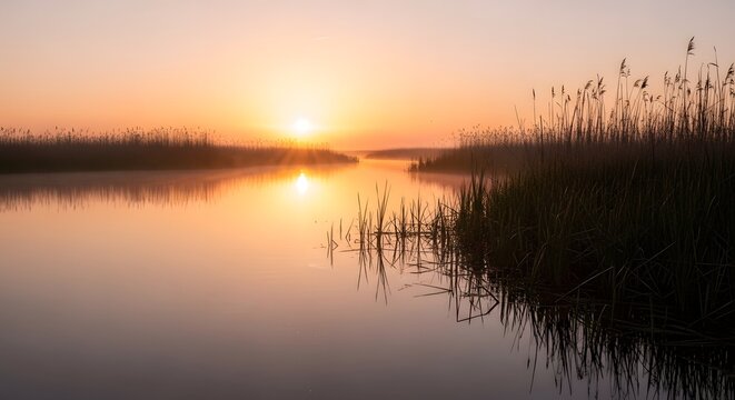 Warm sunrise illuminating misty wetland grasses
