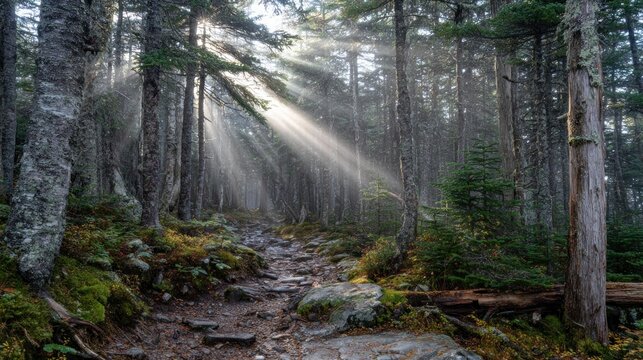 Sunbeams pierce a misty mountain forest trail - Powered by Adobe