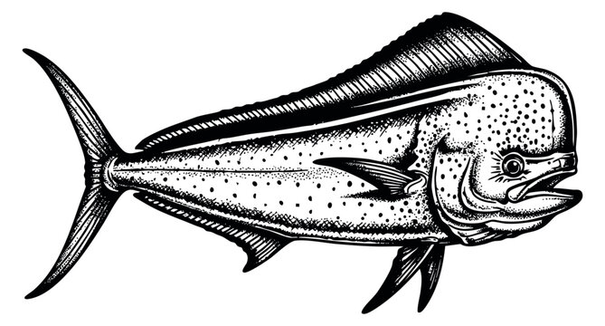 Vintage dorado fish illustration black and white line art