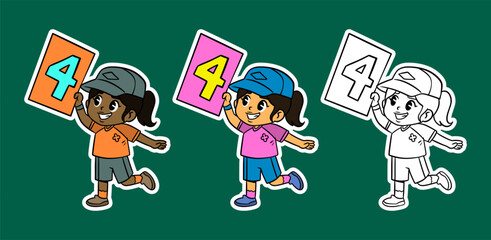 Cute Girls Holding Number Four Cartoon Illustration
