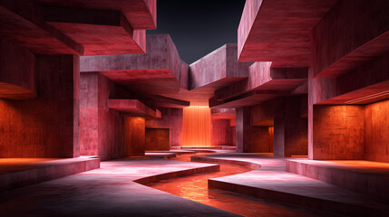 Un int&eacute;rieur architectural brutaliste vide avec un rendu en b&eacute;ton rose lisse, et int&eacute;grant un mur d'eau