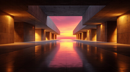 Un int&eacute;rieur architectural brutaliste vide, avec un rendu en b&eacute;ton rose lisse et des reflets de lumi&egrave;re sur le sol