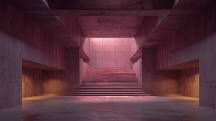 Un int&eacute;rieur architectural brutaliste vide avec un rendu en b&eacute;ton rose lisse