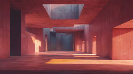 Un int&eacute;rieur architectural brutaliste vide avec un rendu en b&eacute;ton rose lisse