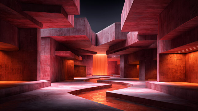 Un int&eacute;rieur architectural brutaliste vide avec un rendu en b&eacute;ton rose lisse, et int&eacute;grant un mur d'eau