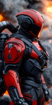 Firefighter wearing futuristic red and black protective suit standing near fire