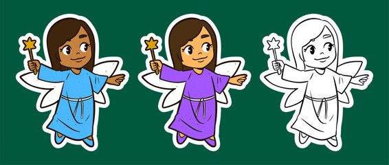 Cute Cartoon Fairies with Star Wands and Coloring Page Option