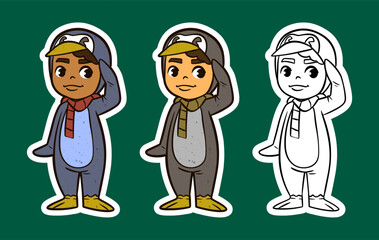 Cute Child in Penguin Costume Saluting Cartoon Illustration
