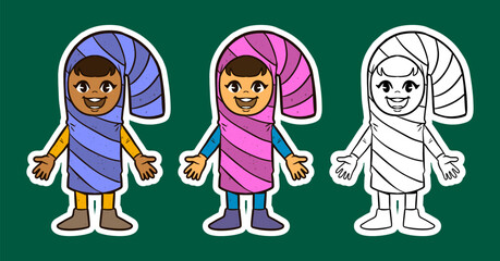 Smiling Kids in Festive Candy Cane Cartoon Illustration