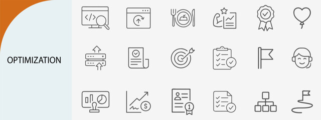 optimization and performance icons, minimal line vector symbol set