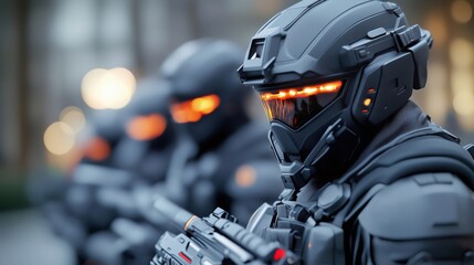 Futuristic soldiers wearing advanced suits and vision lining in formation