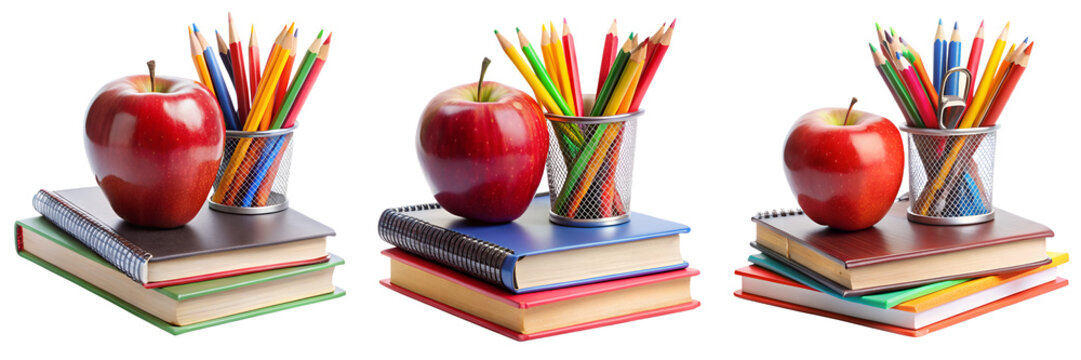 Set of a red apple and pencils on a stack of books isolated on a transparent background