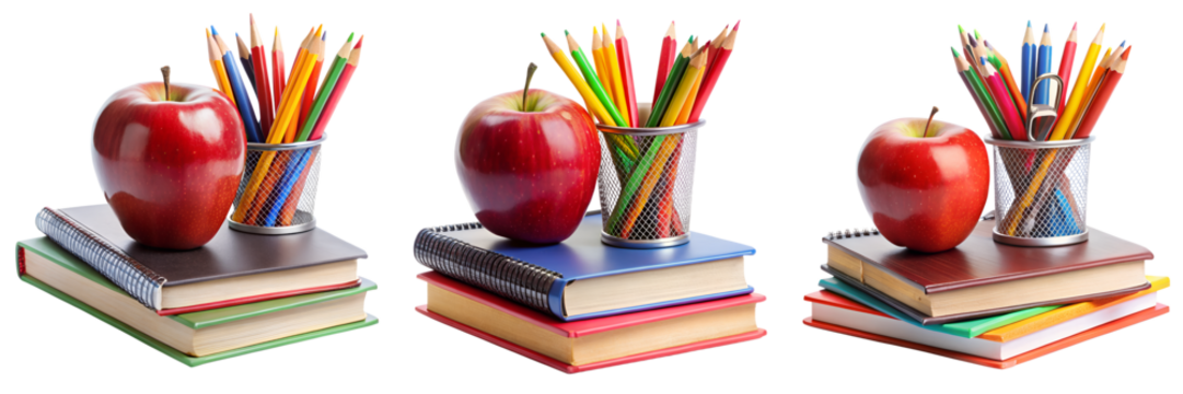 Set of a red apple and pencils on a stack of books isolated on a transparent background - Powered by Adobe
