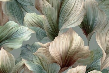 Floral pattern of stylized leaves in muted greens, beige, and pinks