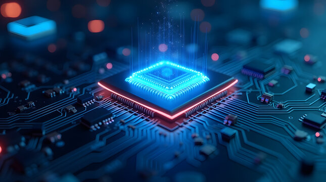 A macro view of a blue electronic computer circuit board featuring a central processor chip and semiconductor components integrated into modern digital hardware technology engineering - Powered by Adobe