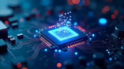 A macro view of a green electronic computer motherboard featuring a digital processor chip and complex hardware components for electrical engineering and science technology data