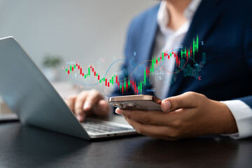 Investors analyze stock market index on virtual screen, Business investors use smartphone application to track stock market charts, Indicators, Investment strategies for global asset trading.
