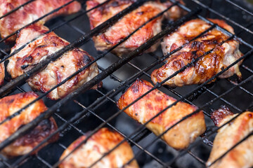 barbecue cooking on a grill. barbecue on a grill. burning embers of a barbecue grill. picnic. cooking meat over a fire. men's entertainment.