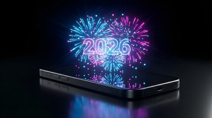 Augmented Celebration: Matte Black Smartphone Projecting Neon 2026 Hologram