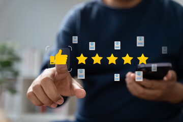 Online customer satisfaction Survey service concept, client rate service from experience in application,Consumer give five-Stars and feedback review for quality, Business reputation ranking from buyer