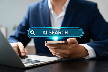 AI search technology revolution SEO, Businessman browsing internet using AI search tool to optimize content and improve ranking. SEO artificial intelligence for efficient data discovery.
