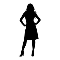 Confident Woman Silhouette Illustration , Powerful Female Figure Standing with Hands on Hips Black and White Vector