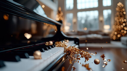 The elegant black piano, sprinkled with gold ornaments, frames a warm living area, suggesting a perfect setting for intimate gatherings and melodic moments during the holidays.