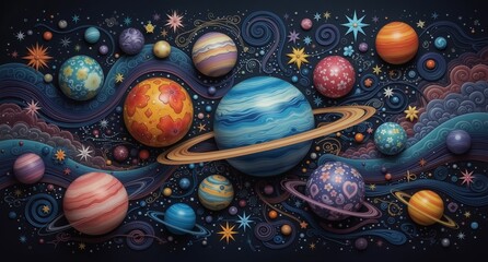 whimsical colorful planets and stars in a decorative space illustration for children's art or fantasy design.