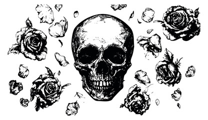 Fototapeta premium Vintage skull and rose set with scattered petals black and white line art