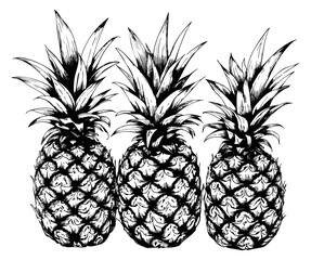 Obraz premium Pineapple set with three fruits hand drawn sketch