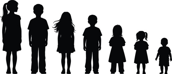 Children silhouettes growing lineup illustration, boys and girls from toddler to teenager, black shadow kids figures set, childhood development vector design © MD. NUR ISLAM