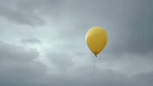 Yellow balloon floating against overcast sky