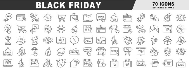 Black friday theme clear line icon set